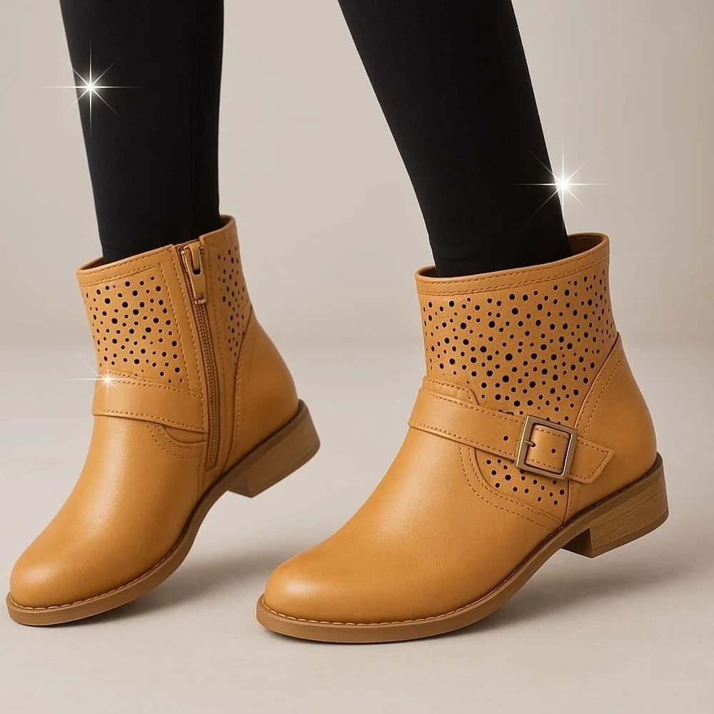 Fabkids ✦ Buckle Booties ✦ Tan Faux Suede Floral Cutouts Zip Ankle Support Sz 5